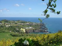 Von einem Walbeobachtungspunkt geht der Blick auf die Südwestseite von Caloura; im Vordergrund das Hotel Caloura